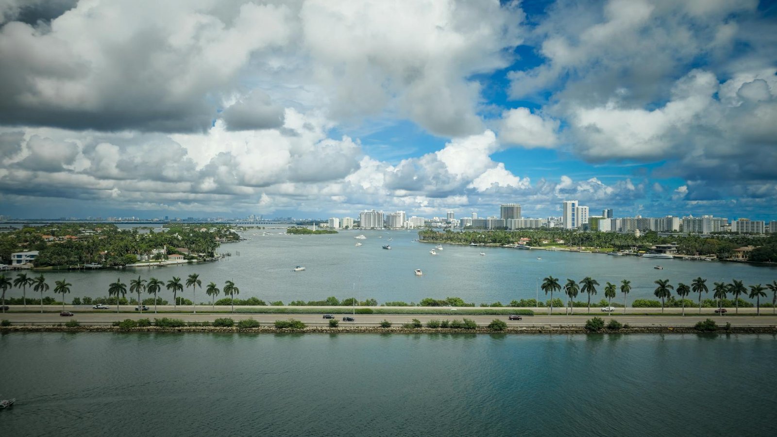 A picturesque view of Miami skyline with palm trees and a serene ocean under a cloudy sky.