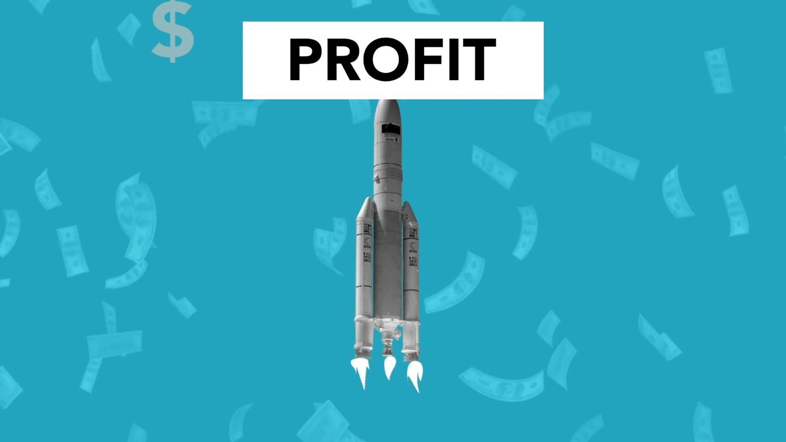 Creative illustration representing economic profit concept with flying rocket among falling dollar cash